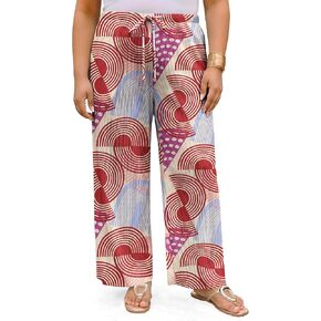 Plus Size Tropical Pants for Women High Waist Drawstring Wide Leg Trousers with Pockets in Kuwait