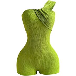 Verdusa Women's One Shoulder Wrap Knot Summer Romper Textured One Piece Jumpsuits Vacation Outfits in Kuwait