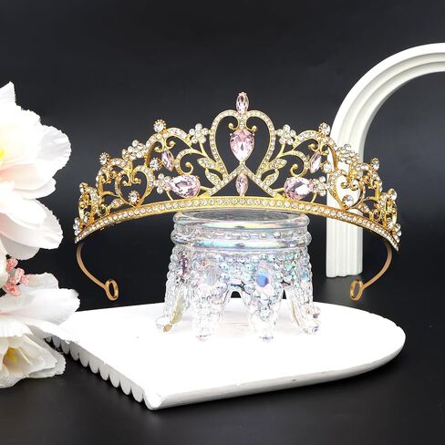 Crown for Women Princess Gold Tiara for Girls Shiny Pink Rhinestone Hair Accessories for Birthday Crown for Wedding and Party in Saudi Arabia