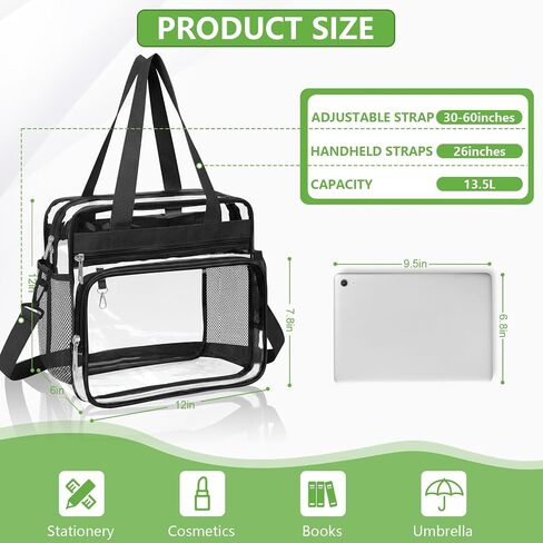 Clear Bag for Stadium Events 12 x 12 x 6, Clear Tote Lunch Bag with Adjustable Strap, Zipper Closure Crossbody Shoulder Handbag with Reinforced Stitches & Straps for Work, Sports, Games and Gym in Saudi Arabia