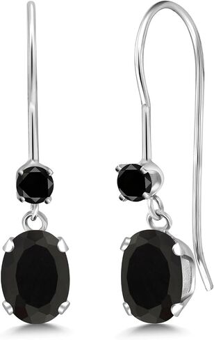 Gem Stone King 14K White Gold Black Onyx and Black Diamond French Wire Dangle Earrings For Women | 0.91 Cttw | Gemstone December Birthstone | Oval 6X4MM and Round 2.5MM in Saudi Arabia