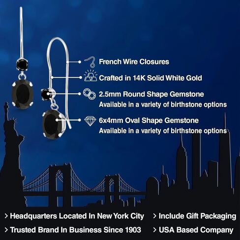 Gem Stone King 14K White Gold Black Onyx and Black Diamond French Wire Dangle Earrings For Women | 0.91 Cttw | Gemstone December Birthstone | Oval 6X4MM and Round 2.5MM in Saudi Arabia