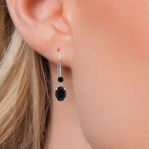 Gem Stone King 14K White Gold Black Onyx and Black Diamond French Wire Dangle Earrings For Women | 0.91 Cttw | Gemstone December Birthstone | Oval 6X4MM and Round 2.5MM in Saudi Arabia