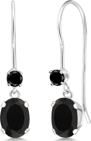 Gem Stone King 14K White Gold Black Onyx and Black Diamond French Wire Dangle Earrings For Women | 0.91 Cttw | Gemstone December Birthstone | Oval 6X4MM and Round 2.5MM in Saudi Arabia