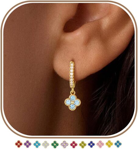 KAERUN Clover Birthstone Dangle Earrings for Women Dainty 14K Gold Plated Hypoallergenic CZ Small Huggie Hoop Earring with 925 Sterling Silver Post Clover Drop Earring Mother Daughter Birthday Jewelry in Saudi Arabia