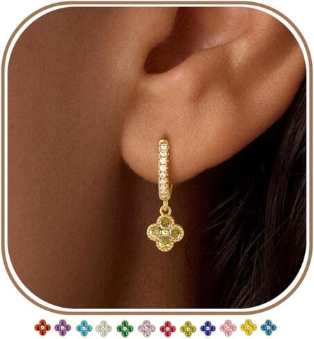 KAERUN Clover Birthstone Dangle Earrings for Women Dainty 14K Gold Plated Hypoallergenic CZ Small Huggie Hoop Earring with 925 Sterling Silver Post Clover Drop Earring Mother Daughter Birthday Jewelry in Saudi Arabia