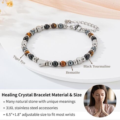Triple Protection Bracelet for Women Gifts Energy Hematite Black Tourmaline Tigers Eye Bead Crystal Healing Jewelry Natural in Saudi Arabia
