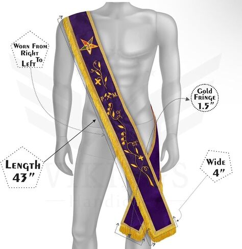 OES Past Matron P.M Purple Velvet Sash Right-to-Left, 43 Inch Long 4 Inch Wide, Gold Fringe 1.5", Machine Embroidered + Matching White Sash Case in Saudi Arabia