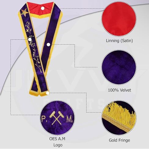 OES Past Matron P.M Purple Velvet Sash Right-to-Left, 43 Inch Long 4 Inch Wide, Gold Fringe 1.5", Machine Embroidered + Matching White Sash Case in Saudi Arabia