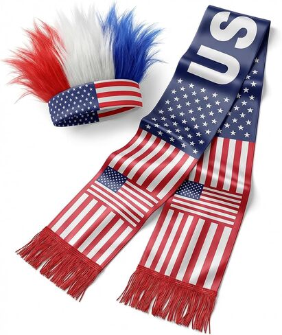 Patriotic Funny Hair Headband and Satin Scarf Set Red White Blue - American Flag Spirit Headband with 53.1x5.5 Inch Scarf, 4th of July Accessories, 2026 Soccer Fan Gear, Soccer Party Outfit Unisex in Saudi Arabia