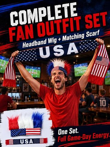 Patriotic Funny Hair Headband and Satin Scarf Set Red White Blue - American Flag Spirit Headband with 53.1x5.5 Inch Scarf, 4th of July Accessories, 2026 Soccer Fan Gear, Soccer Party Outfit Unisex in Saudi Arabia