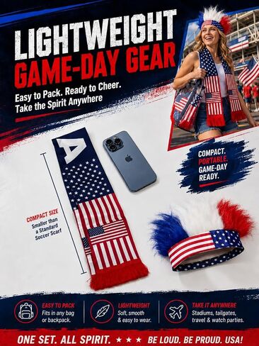 Patriotic Funny Hair Headband and Satin Scarf Set Red White Blue - American Flag Spirit Headband with 53.1x5.5 Inch Scarf, 4th of July Accessories, 2026 Soccer Fan Gear, Soccer Party Outfit Unisex in Saudi Arabia
