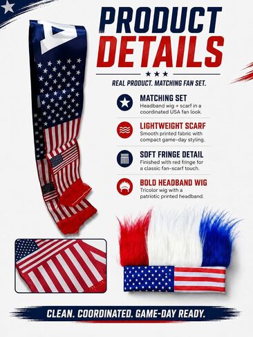 Patriotic Funny Hair Headband and Satin Scarf Set Red White Blue - American Flag Spirit Headband with 53.1x5.5 Inch Scarf, 4th of July Accessories, 2026 Soccer Fan Gear, Soccer Party Outfit Unisex in Saudi Arabia