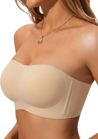 Strapless Bra for Women Non-Slip Silicone Bandeau Invisible Under Dresses Convertible with Clear & Fabric Straps Beige XL in Saudi Arabia