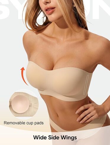 Strapless Bra for Women Non-Slip Silicone Bandeau Invisible Under Dresses Convertible with Clear & Fabric Straps Beige XL in Saudi Arabia