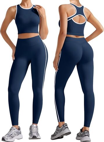 OLCHEE Womens Workout Sets 2 Piece Seamless Gym Yoga Outfits Butt Scrunch Leggings Crop Tank Top with Contrast Trim in Saudi Arabia