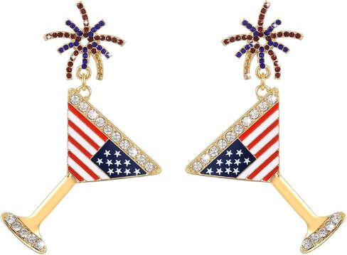 American 4th of July Dangle Earrings for Women | Martini Firework Bow Cherry Earrings | 250th Anniversary Independence Day Patriotic Jewelry in Saudi Arabia
