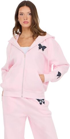 Forever 21 Women's Zip-up Hoodie With Graphic Patches Soft Fleece Sweatshirt in Kuwait