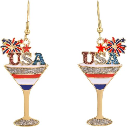 American 4th of July Dangle Earrings for Women | Martini Firework Bow Cherry Earrings | 250th Anniversary Independence Day Patriotic Jewelry in Saudi Arabia