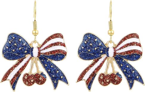 American 4th of July Dangle Earrings for Women | Martini Firework Bow Cherry Earrings | 250th Anniversary Independence Day Patriotic Jewelry in Saudi Arabia
