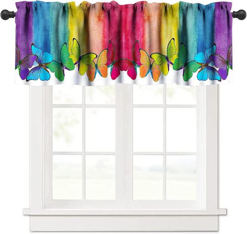 Butterfly Rainbow Window Valance,Cartoon Watercolor Butterfly Romantic Bedroom Living Room Kitchen Window Treatments 54X18in,1 Piece in Saudi Arabia