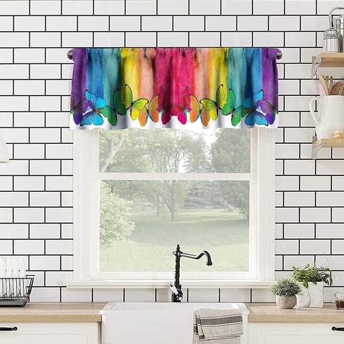 Butterfly Rainbow Window Valance,Cartoon Watercolor Butterfly Romantic Bedroom Living Room Kitchen Window Treatments 54X18in,1 Piece in Saudi Arabia