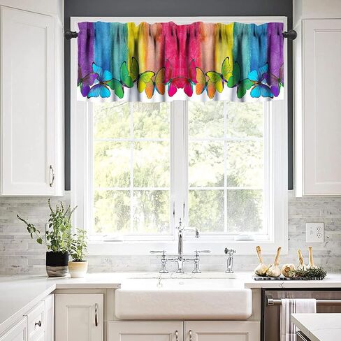 Butterfly Rainbow Window Valance,Cartoon Watercolor Butterfly Romantic Bedroom Living Room Kitchen Window Treatments 54X18in,1 Piece in Saudi Arabia