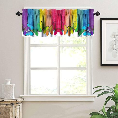 Butterfly Rainbow Window Valance,Cartoon Watercolor Butterfly Romantic Bedroom Living Room Kitchen Window Treatments 54X18in,1 Piece in Saudi Arabia