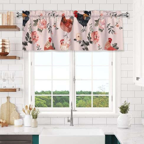 2 Pack Pink Floral Chicken Valance for Windows Curtain Valance for Kitchen Bathroom Bedroom Living Room Window Treatment Decor Curtains Rod Pocket 54x18 Inch in Saudi Arabia