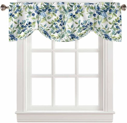 Blue Blueberry Tie Up Valance for Windows Pastoral Plant Green Leaf Watercolor Adjustable Curtain Valance Rod Pocket Balloon Shade Window Treatment for Kitchen Living Room Bedroom 42x12inch in Kuwait