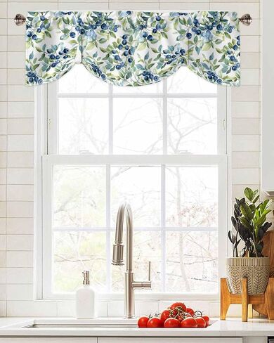 Blue Blueberry Tie Up Valance for Windows Pastoral Plant Green Leaf Watercolor Adjustable Curtain Valance Rod Pocket Balloon Shade Window Treatment for Kitchen Living Room Bedroom 42x12inch in Kuwait