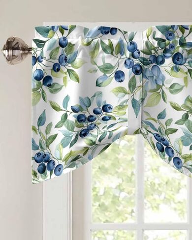 Blue Blueberry Tie Up Valance for Windows Pastoral Plant Green Leaf Watercolor Adjustable Curtain Valance Rod Pocket Balloon Shade Window Treatment for Kitchen Living Room Bedroom 42x12inch in Kuwait
