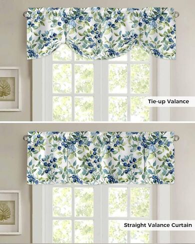 Blue Blueberry Tie Up Valance for Windows Pastoral Plant Green Leaf Watercolor Adjustable Curtain Valance Rod Pocket Balloon Shade Window Treatment for Kitchen Living Room Bedroom 42x12inch in Kuwait
