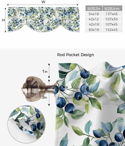 Blue Blueberry Tie Up Valance for Windows Pastoral Plant Green Leaf Watercolor Adjustable Curtain Valance Rod Pocket Balloon Shade Window Treatment for Kitchen Living Room Bedroom 42x12inch in Kuwait