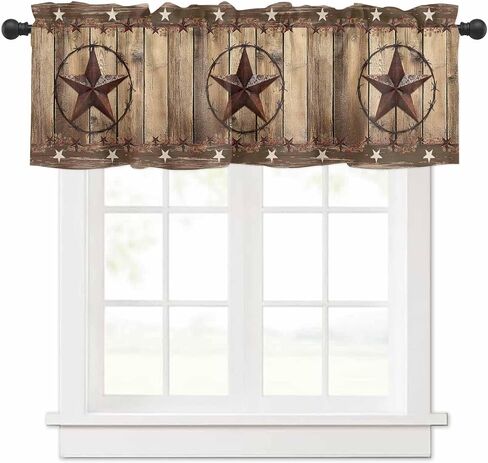 Rustic Country Valances Window Treatment Farmhouse Decor, Western Stars Brown Texture Wooden Print Rod Pocket Valance Curtains for Living Room, Bedroom, Kitchen, 42" W x 12" L - 1 Panel in Kuwait