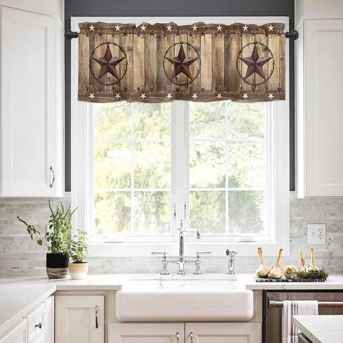 Rustic Country Valances Window Treatment Farmhouse Decor, Western Stars Brown Texture Wooden Print Rod Pocket Valance Curtains for Living Room, Bedroom, Kitchen, 42" W x 12" L - 1 Panel in Kuwait