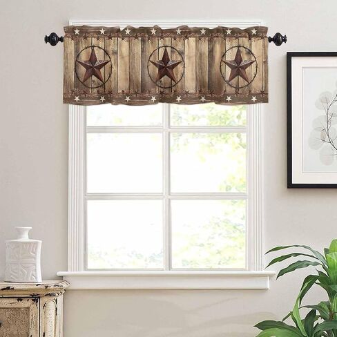 Rustic Country Valances Window Treatment Farmhouse Decor, Western Stars Brown Texture Wooden Print Rod Pocket Valance Curtains for Living Room, Bedroom, Kitchen, 42" W x 12" L - 1 Panel in Kuwait