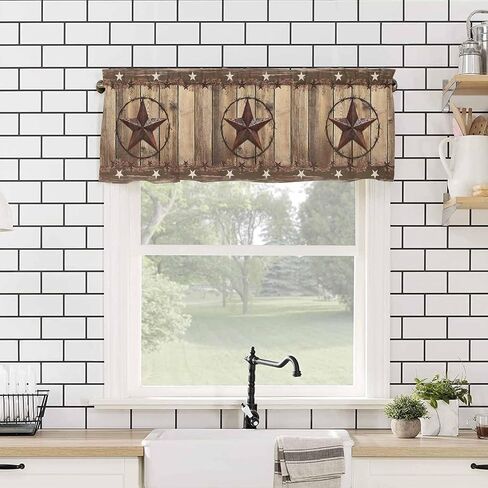 Rustic Country Valances Window Treatment Farmhouse Decor, Western Stars Brown Texture Wooden Print Rod Pocket Valance Curtains for Living Room, Bedroom, Kitchen, 42" W x 12" L - 1 Panel in Kuwait