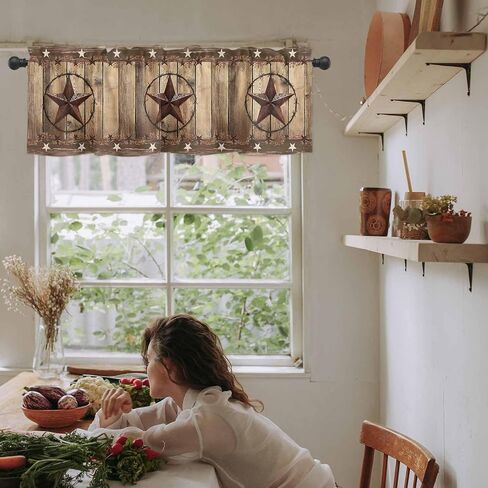 Rustic Country Valances Window Treatment Farmhouse Decor, Western Stars Brown Texture Wooden Print Rod Pocket Valance Curtains for Living Room, Bedroom, Kitchen, 42" W x 12" L - 1 Panel in Kuwait