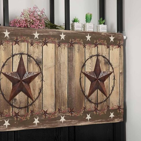 Rustic Country Valances Window Treatment Farmhouse Decor, Western Stars Brown Texture Wooden Print Rod Pocket Valance Curtains for Living Room, Bedroom, Kitchen, 42" W x 12" L - 1 Panel in Kuwait