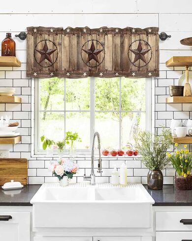 Rustic Country Valances Window Treatment Farmhouse Decor, Western Stars Brown Texture Wooden Print Rod Pocket Valance Curtains for Living Room, Bedroom, Kitchen, 42" W x 12" L - 1 Panel in Kuwait