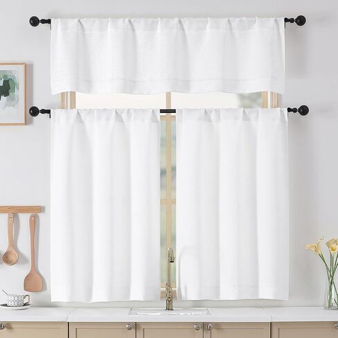 Chyhomenyc Kitchen Curtains 24 Inch Length - Light Filtering Faux Linen Textured Half Window Cafe Curtains, Thick Rod Pocket Short Curtain for Cabinet Bathroom Basement, 30Wx36L, 2 Pieces, Linen Color in Kuwait