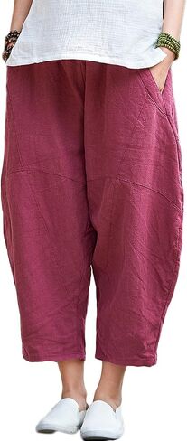 LUZU JUNU Womens Summer Cotton Linen Cropped Capri Trouser Casual Loose Wide Leg Baggy Pants in Saudi Arabia