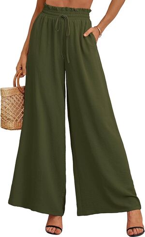 Heymoments Women's Wide Leg Lounge Pants Lightweight High Waisted Adjustable Tie Knot Loose Trousers with Pockets in Kuwait