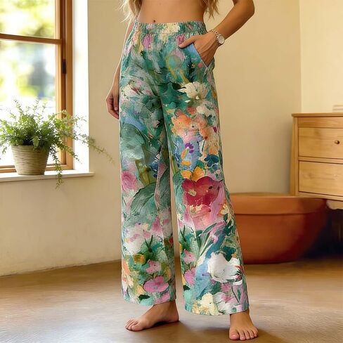 Floral & Tie Dye Print Wide Leg Pants with Elastic Waist, Women‘s Printed Pants, Lightweight Casual Pants for Women in Kuwait
