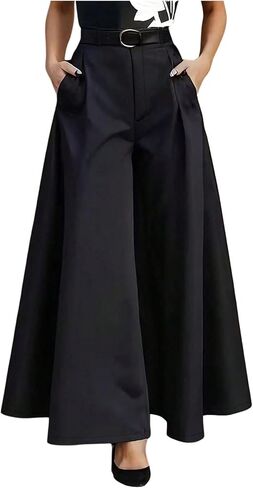 OYOANGLE Women's Elegant Pleated Flowy Dress Pants Wide Leg High Waisted Business Casual Trousers in Kuwait