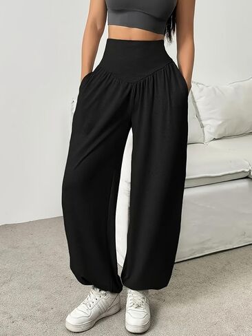 Womens Elastic Waist Harem Pants Casual Loose Linen Blend Trousers with Pockets in Kuwait