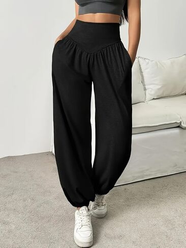 Womens Elastic Waist Harem Pants Casual Loose Linen Blend Trousers with Pockets in Kuwait
