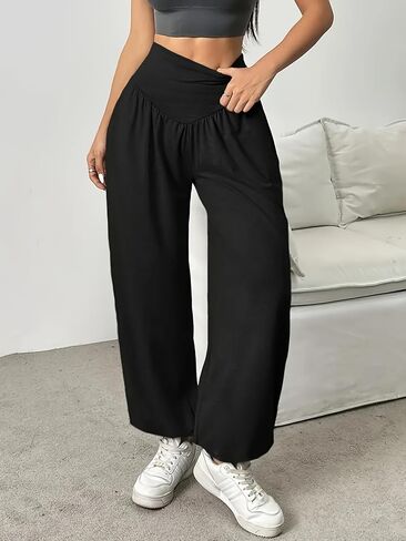 Womens Elastic Waist Harem Pants Casual Loose Linen Blend Trousers with Pockets in Kuwait