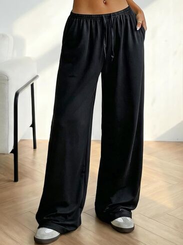 Women' s Wide Leg Pants with Elastic Waistband, Soft Lounge Straight Leg Bottoms for Cozy Daily Wear Autumn Winter in Kuwait